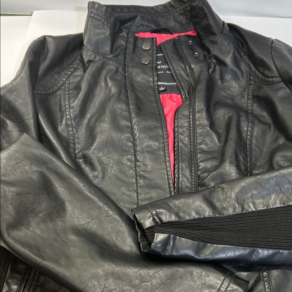 Black Faux Leather Jacket with Pink Lining